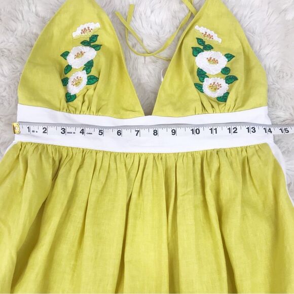 FANM MON Yamile 100% Linen Halter‎ Midi Dress Floral Embroidered Yellow XL New - Picture 13 of 14